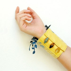 Embroidered and Crocheted Textile Cuff with Leather and Vintage Buttons Yellow and Blue image 1