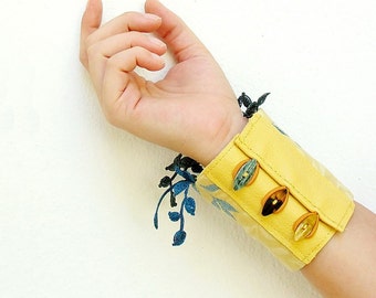 Embroidered Leather Cuff: Yellow & Blue Textile Bracelet with Vintage Buttons
