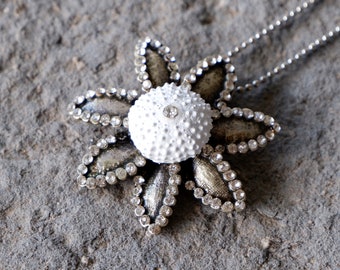 Bridal Sea Urchin Necklace - White Flower Necklace Beach Wedding Jewelry