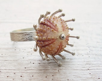 Pink Sterling Silver ring Sea urchin ring Sea anemone