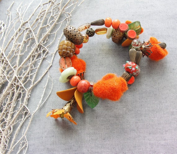 Tropical Orange Bracelet Statement Cuff Tangerine Brass, Lampwork beads, Felt, Jasper
