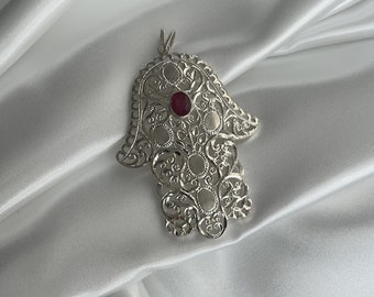 Natural Ruby Hamsa Hand Pendant, Silver Hand of Hamsa Pendant, Ruby Sterling Fatima Hand, Silver Hand of Fatima women's pendant, Gift 925