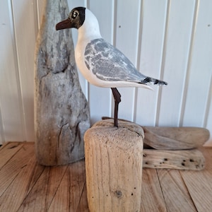 Hand-Carved Sea Bird , Black-Headed Gull | Seabird Wood Sculpture on Driftwood | Nautical Bird Decor | Linden Wood Art | Coastal Home Gift