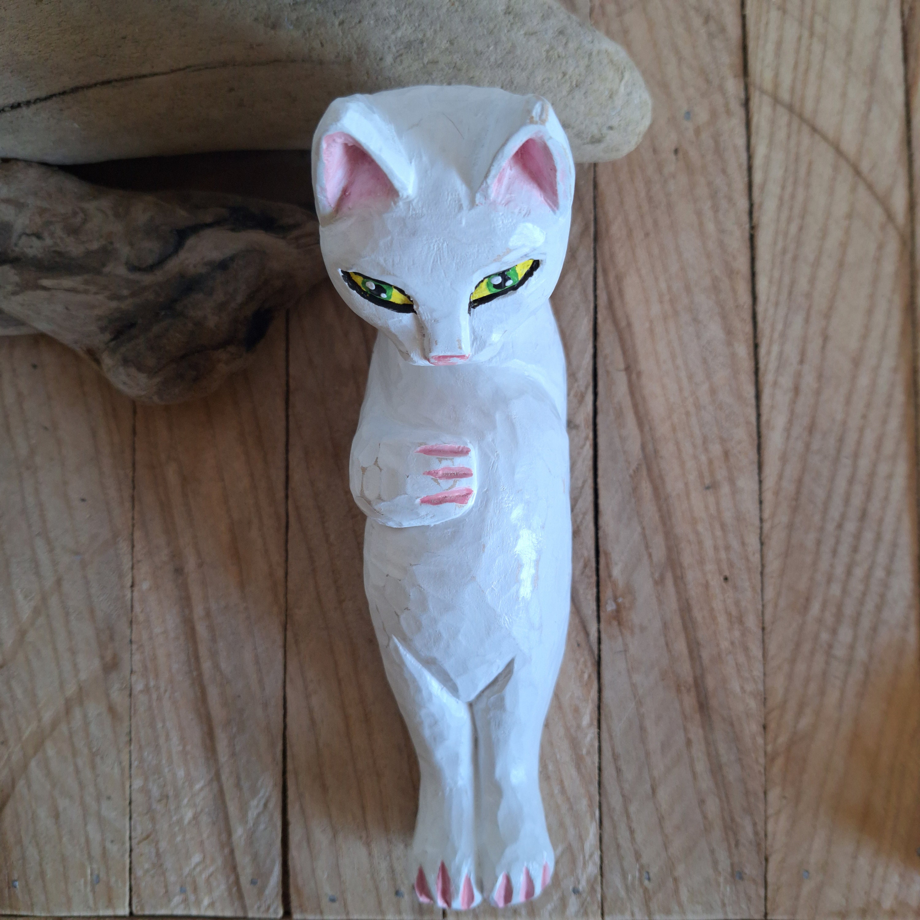 Wooden Cat Figurine , Relaxing Cat Sculpture , Handmade