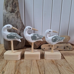 Handgesneden houten zeevogelsculpturen (set van 3) - kustdecor