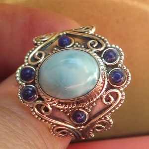 Genuine stone AAA grade Beautiful Larimar with genuine Lapis Lazuli vintage Ring - size 9