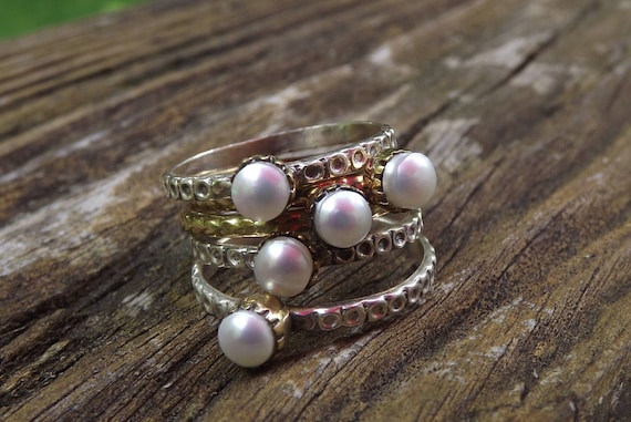 Pearl stackable sterling silver ring Mix and Matc… - image 1