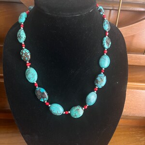 Rare Tibetan turquoise necklace with red coral beads one of the kind designer wearable art
