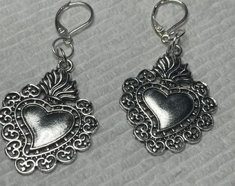 Sacred Heart Earrings, Catholic Earrings, Frida Earrings, Flaming Heart