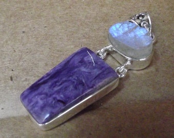 Reiki healing unique Pendant - Rare Russian Siberian Charoite with Rainbow Moonstone rough crystals sterling silver pendant