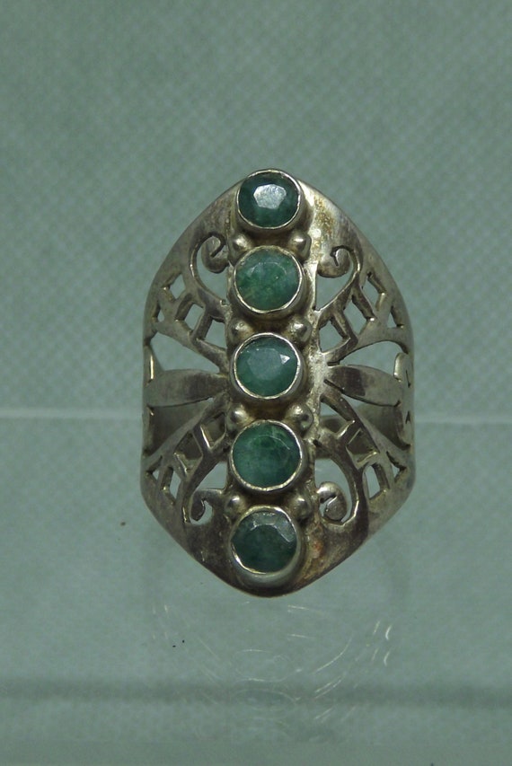 Unique genuine emerald ring - filigree - sterling 