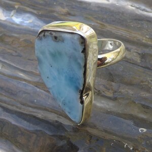 Schöner Larimar Scheibenring - Größe 6 - Sterling Silber- mit Atlantisstein - Delfin - Unisex Ring - Dominikanische Republik - mit echtem Edelstein - selten