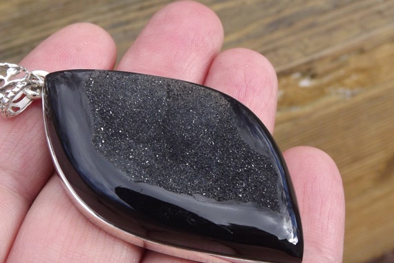 HUGE Rare unusual Black Onyx Druzy gemstone penda… - image 3