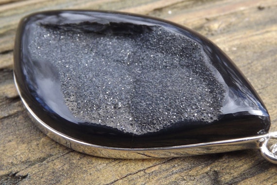 HUGE Rare unusual Black Onyx Druzy gemstone penda… - image 5
