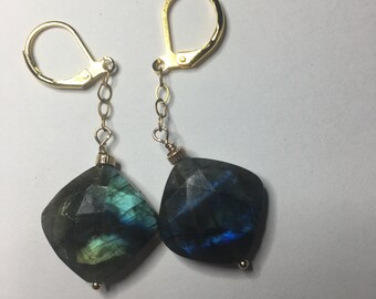 Labradorite gold earrings, unique, one of the kind faceted diamond-shpe handmade
