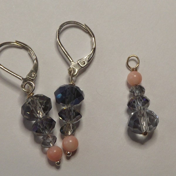 Angel Skin coral with crystal beads dangle earrings and pendant set handmade unique OOAK