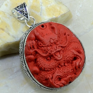 Carved Cinnabar handmade pendant - Antique Desisign - Tibetan Dragon - Good Fortune