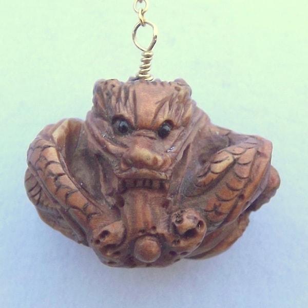 Ojime Dragon Good Luck pendant - OOAK, unique, hand carved dragon