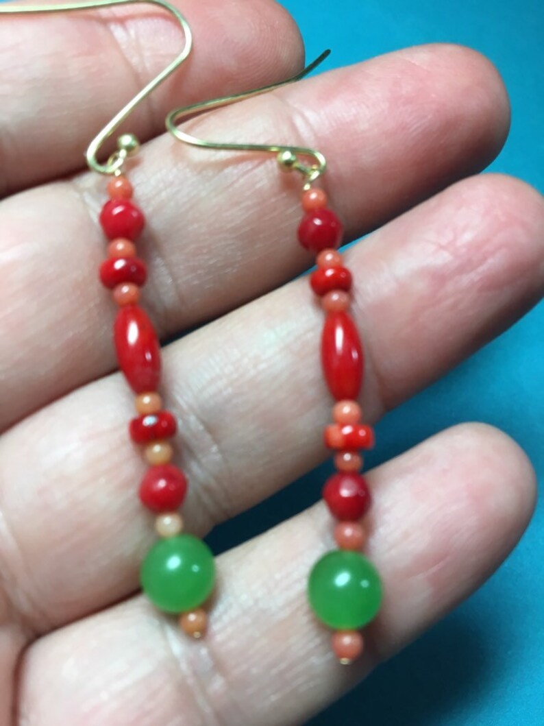 unique designers earrings -long dangle Reiki healing MOTHERS DAY SALE Red coral and imperial green jade earrings love -prosperity -