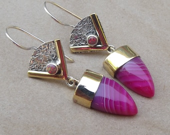Pink Botswana Agate earrings - Pink Agate and Fire Opal sterling silver earrings - high fashion accessories