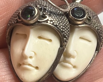 Carved Cameo face Silver Filigree earrings, Hand Carved Bone Face, Mistic Rainbow Topaz faceted stone