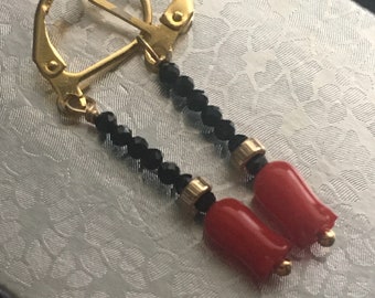 Genuine Red Italian carved tulips earrings with small faceted black spinel beads/ handmade/ natural untreated coral/black spinel