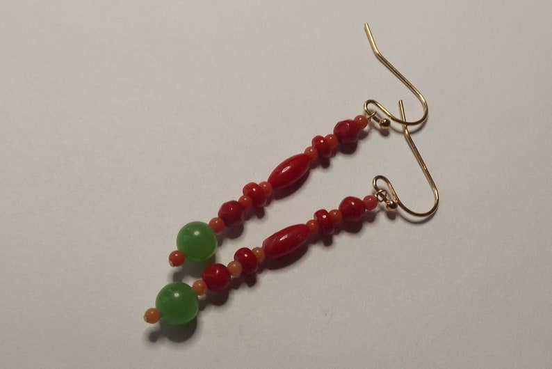 unique designers earrings -long dangle Reiki healing MOTHERS DAY SALE Red coral and imperial green jade earrings love -prosperity -