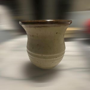 May include: A handmade ceramic vase with a speckled, light beige body and a dark brown rim. The vase has a rounded base and a slightly flared top. The exterior has horizontal grooves near the base.