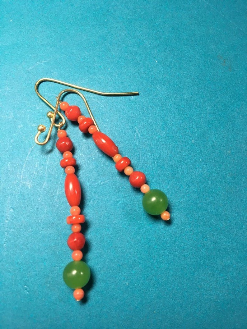 unique designers earrings -long dangle Reiki healing MOTHERS DAY SALE Red coral and imperial green jade earrings love -prosperity -