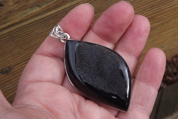 HUGE Rare unusual Black Onyx Druzy gemstone penda… - image 4