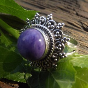 Natural Charoite Silver Ring, 925 Sterling Silver Genuine Charoite Artisan Crafted Filigree Ornate Ring Women Jewelry Gifts Boxed for Her