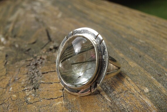 Genuine Tourmalinated Quartz ring in Solid Sterling Modern Style Mounting - size 6 -Protective Field Of Energy -shamanic gemstone -grounding View 2