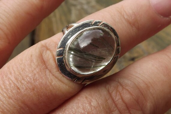 Genuine Tourmalinated Quartz ring in Solid Sterling Modern Style Mounting - size 6 -Protective Field Of Energy -shamanic gemstone -grounding View 3
