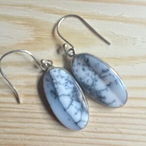 May include: A pair of silver dangle earrings with oval-shaped white and gray dendritic opal stones.