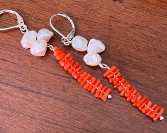 Genuine Red Italian Coral earrings with white keshi pearl/ OOAK/ handmade/ natural untreated coral & pearls
