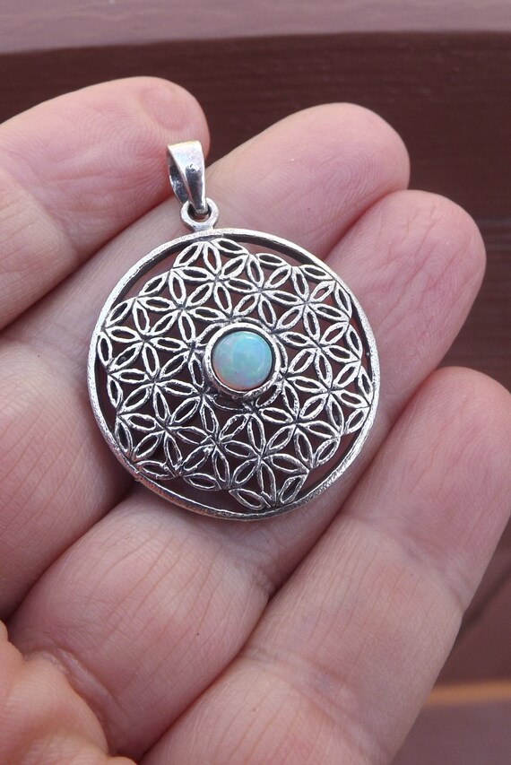 Silver Filigree Fire Opal Seed of the Life Pendan… - image 5