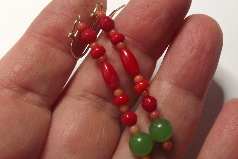 unique designers earrings -long dangle Reiki healing MOTHERS DAY SALE Red coral and imperial green jade earrings love -prosperity -