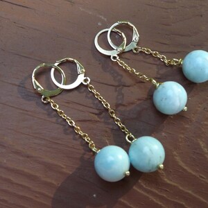 Stylish Larimar long dangle earrings - lever back - gold filled - sterling silver