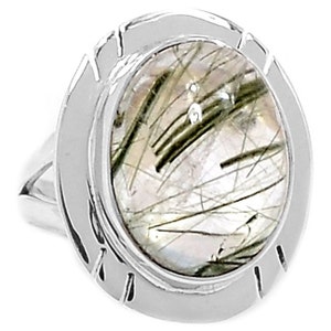 Genuine Tourmalinated Quartz ring in Solid Sterling Modern Style Mounting - size 6 -Protective Field Of Energy -shamanic gemstone -grounding