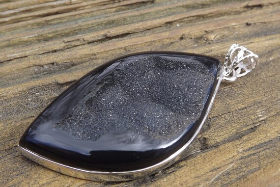 HUGE Rare unusual Black Onyx Druzy gemstone penda… - image 2