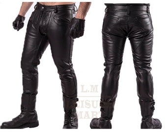 Herren-Rindslederhose, schwarze Slim-Fit-Bikerhose aus echtem Leder für Herren, Herren-Reithose, Motorradhose, handgefertigte Lederhose für Männer