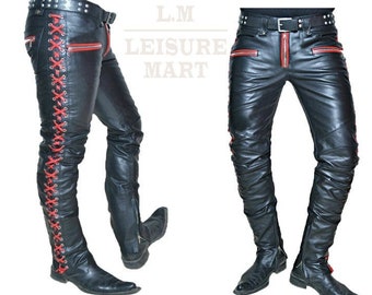 Schwarze Lammfell-Leder-Schnürsenkel Motorradhose für Herren, Herren-Rindleder-Lederhose, Motorradhose, Freizeithose für Herren, Leder-Herrenhose