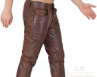 Mens Brown Leather Pant, Motorcycle Pant, Men's Cowhide Leather Pant, Biker Pant, Casual Pant For Men, Leather Men Pant, Cowboy Western Pant