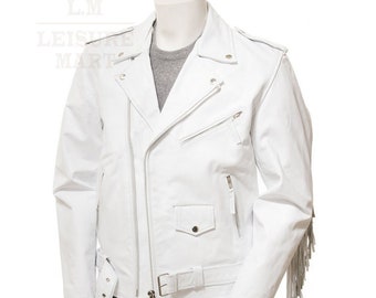 Men's White Leather Fringe Jacket, Handmade Leather Biker Jacket, Bomber Leather Jacket, Motorcycle Jacket, Party Wear Jacket, Gift For Him