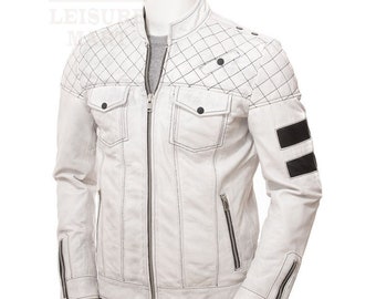 Men's White Leather Biker Jacket, Handmade Sheepskin Jacket, Bomber Leather Jacket, Motorcycle Jacket, Party Wear Jacket, Gift For Him
