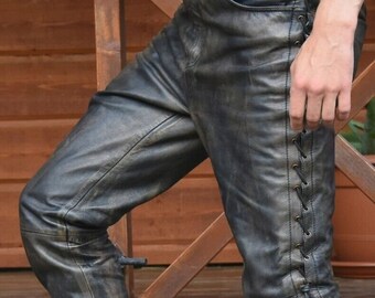 Pantalon moto en cuir marron vintage avec lacets latéraux, pantalon en cuir de vachette pour homme, pantalon moto, pantalon en cuir pour homme, pantalon motard, pantalon de cowboy