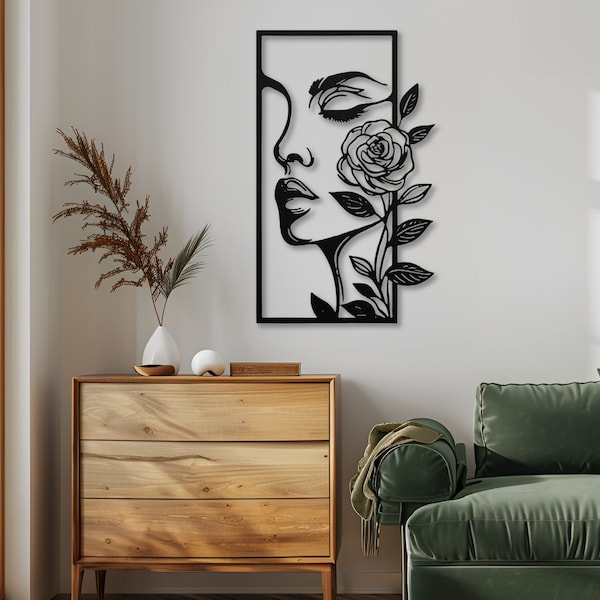 Flower Woman Metal Wall Art, Flower Metal Wall Art Hanging, Modern Metal Line Art for Livingroom Decor, Feminine Art