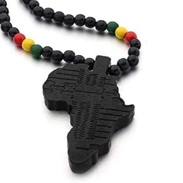 Hip-Hop Africa Map Pendant Necklace for Men Boys African Continent Egyptian Multicolor 8MM Wooden Bead Chain Necklace Natural Wood Jewelry