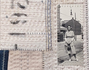 Mixed Media Textile Collage Art Quilt with Vintage Photo of Young Woman Under a Street Light. Small Quilt with Vintage and Antique Fabrics.