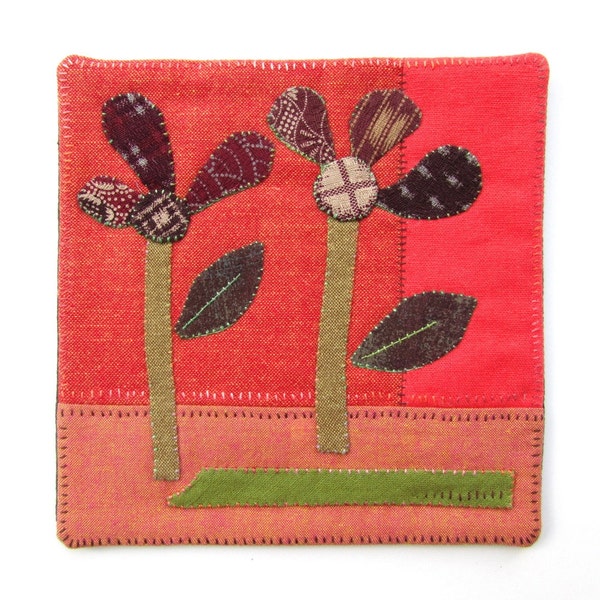 Mini Art Quilt with Flowers - Hand Stitched and Embroidered Textile Wall Hanging